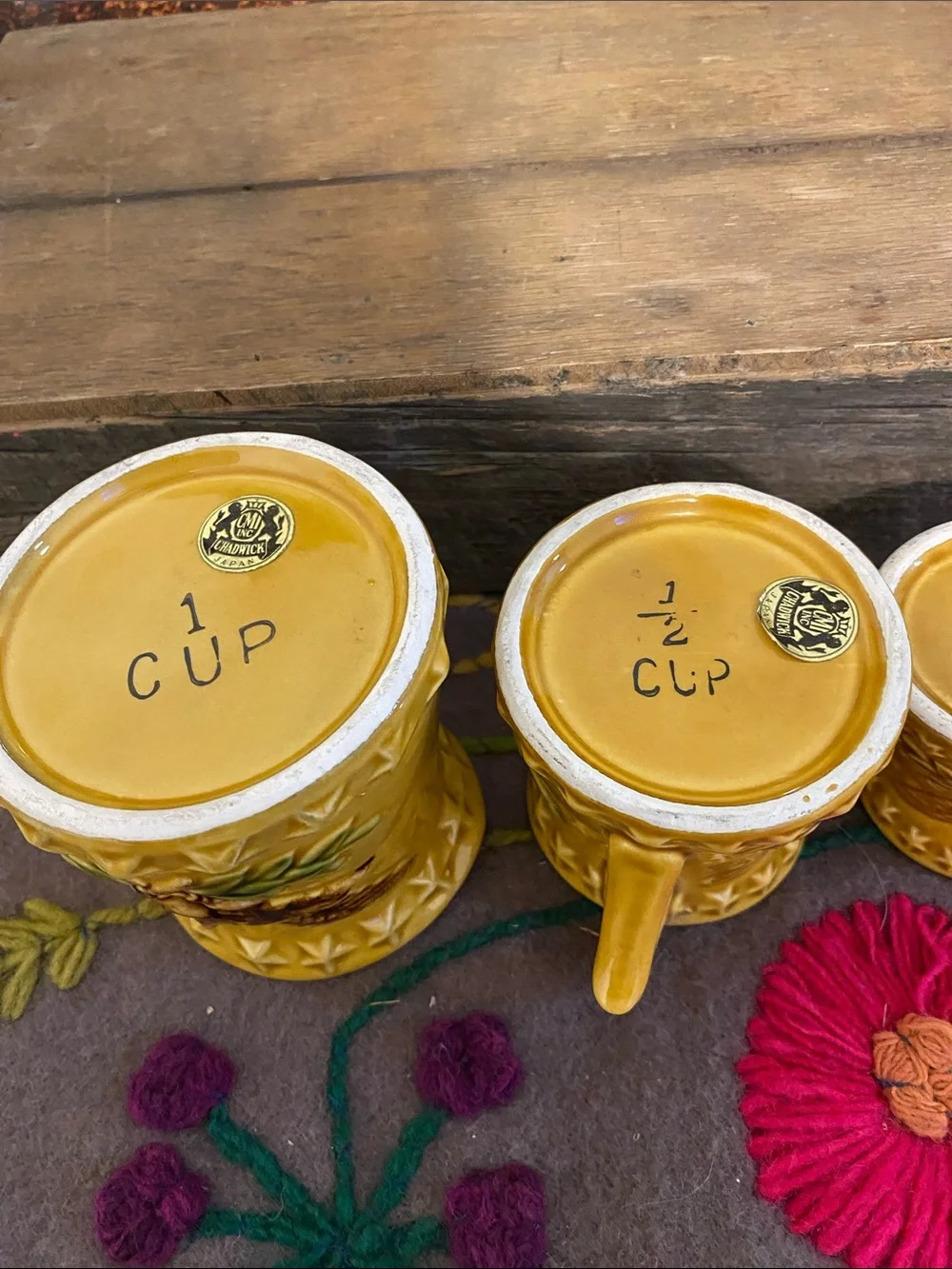 Yellow Ceramic Bird Japanese measuring cups- 4 Vintage Style , normal wear.